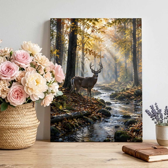 Fall Forest Canvas Wall Art, Country Farmhouse Deer Tree Leaf Sunshine Landscape Framed Canvas Wall Decor Picture Print Artwork Decorations for Living Room Office Ready to Hang 10" x 8"