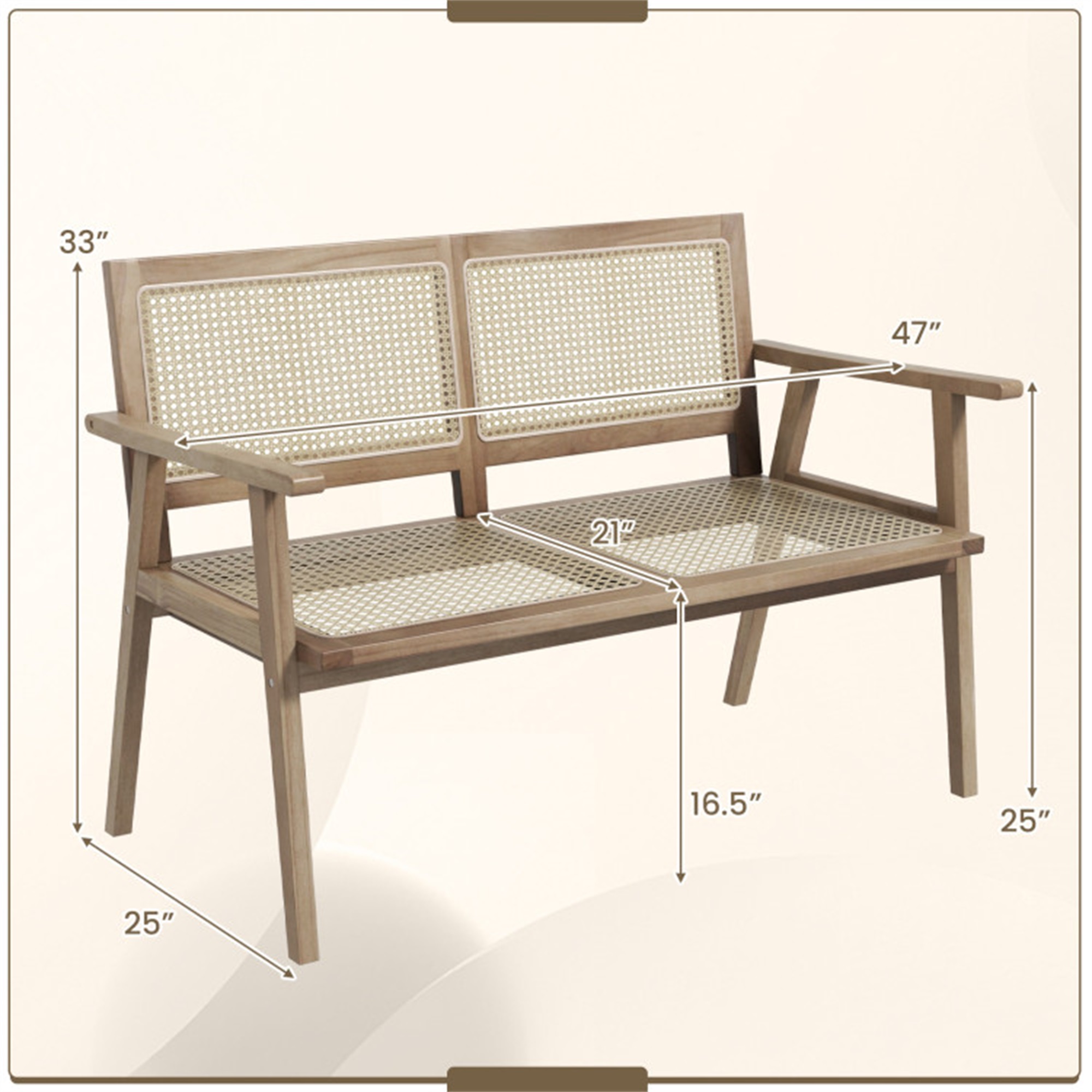 Demi Bonndonesia Teak Wood Garden Bench with Armrests and Natural Rattan Backrest Dining Chair, Brown
