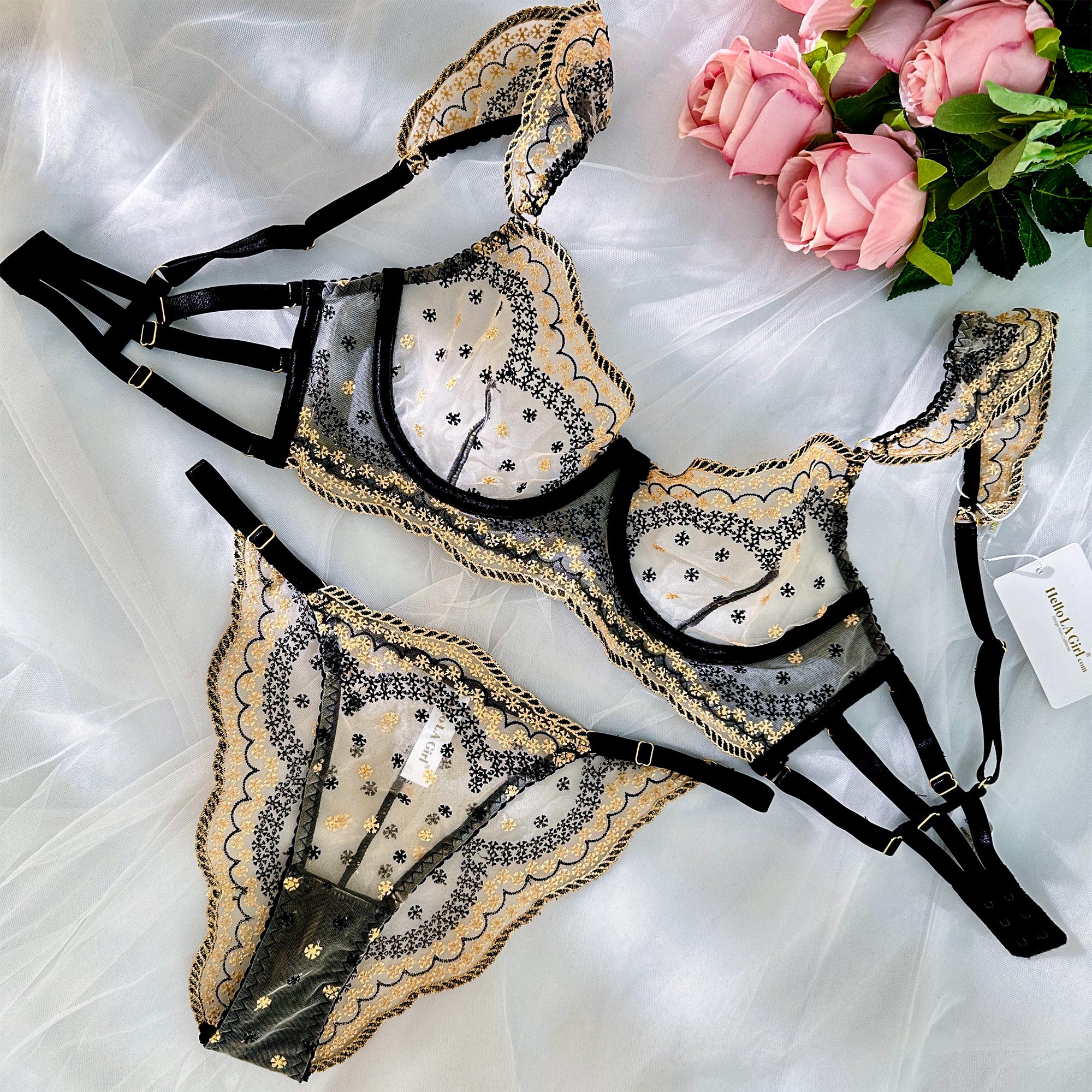 Black&Gold Luxury Lace Embroidered Lingerie Set (BLACK, XL)
