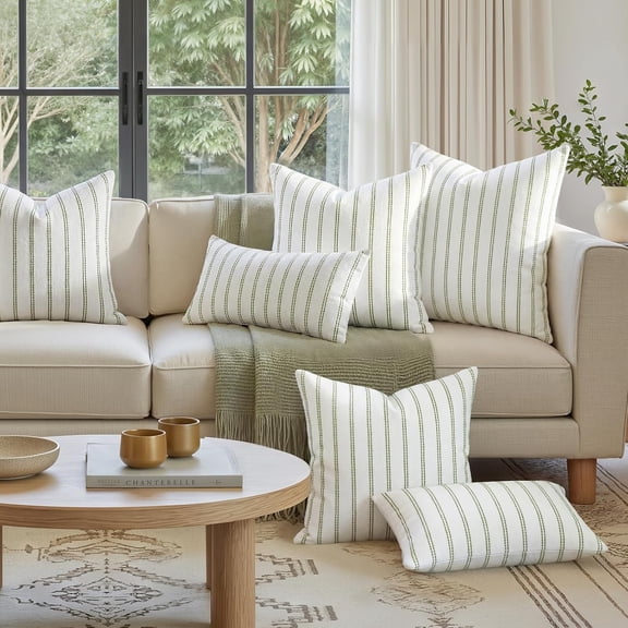 Decorative Sage Green Throw Pillow Covers 20x20 Set of 2, Striped Textured Farmhouse Pillow Covers, Soft Chenille Cushion Covers for Couch Sofa Bed Home Decor