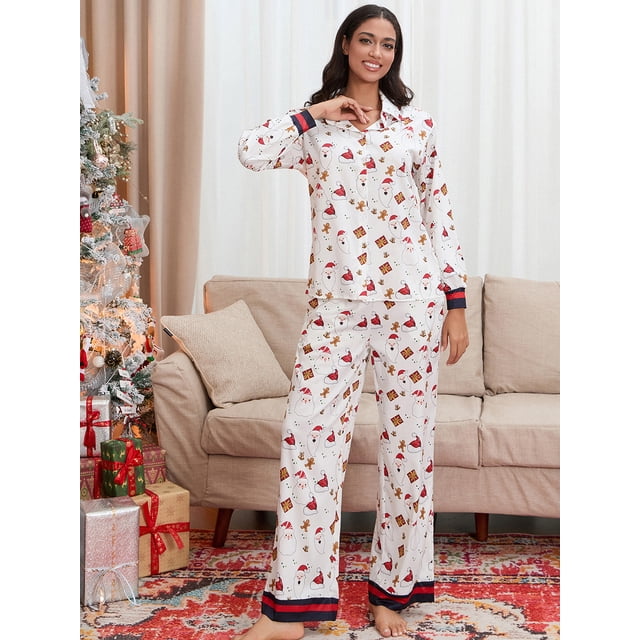 Conjuntos de pijama navideño de 2025 para mujer, pantalones y pijama de pierna ancha con estampado de Papá Noel, camisas abotonadas y conjunto de playa a juego