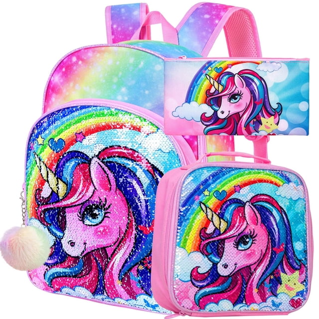 Mochila FTJCF Unicorn, 3 unidades, con lonchera para niñas de 16 pulgadas, rosa