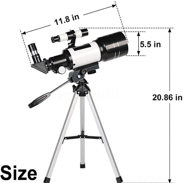 RKSTN A telescope 150X 70mm aperture astronomical refractor telescope with aluminum alloy tripod and finder scope. Features a compact design with a 300mm focal length, adjustable eyepieces, and HD monocular optics for beginner stargazing and outdoor use. Dimensions are 11.8 inches in length, 5.5 inches in width, and 20.86 inches in height.
