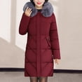 thumbnail image 4 of Winter Women Cotton Jacket with Furry Hood Neck Protection Plus Size Pockets Mid Length Zipper Closure Padded Coat Solid Color Windproof Outwear Parka, 4 of 8
