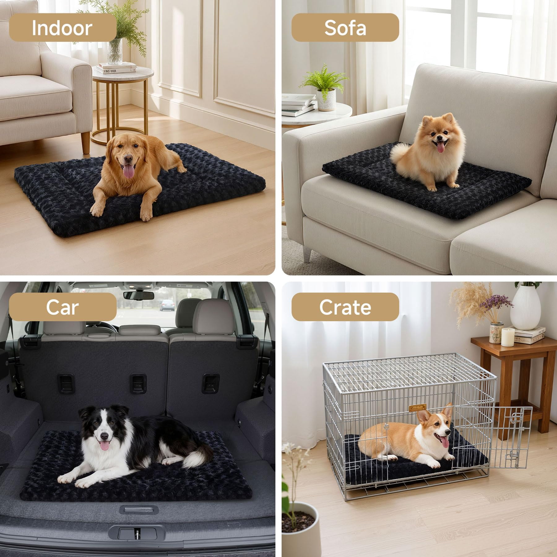 Dog Bed Mat Ultra Soft Crate Pad Comfy Fluffy Pet Kennel Beds Sleeping Mattress For Large Jumbo Medium Small Dogs 36 X 23 Inch Black