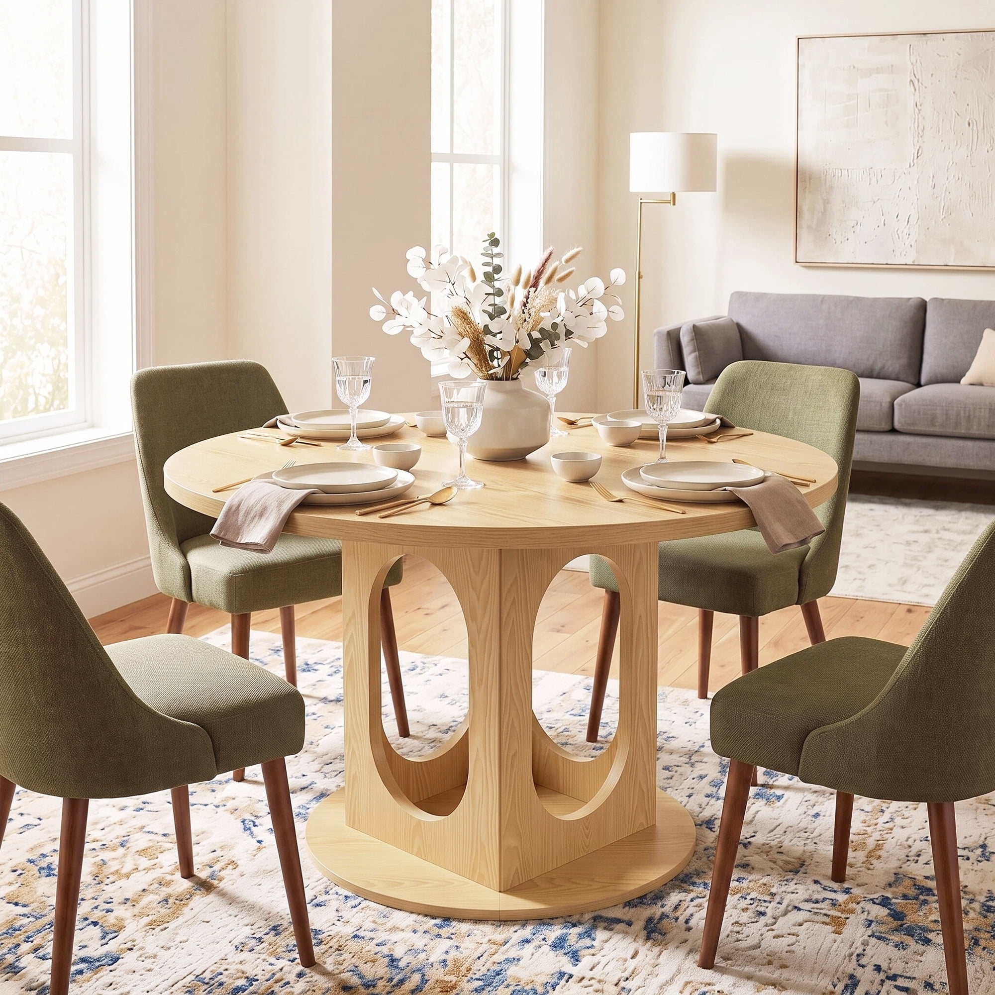 43.3 -59 Extendable Round/Oval Dining Table for 4-8 – Mid-Century Modern Farmhouse Kitchen Table with Sturdy Base & Adjustable Leveling Feet