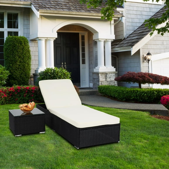 Zimtown 2PCs Adjustable Lounge Bed with Table, Black, Wicker Chaise Chair Indoor Outdoor