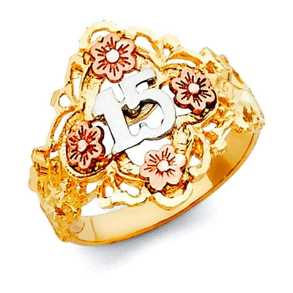 14k Yellow Gold White Gold and Rose Gold Quinceanera Sweet 15 Years Ring Size 7 Ring for Women