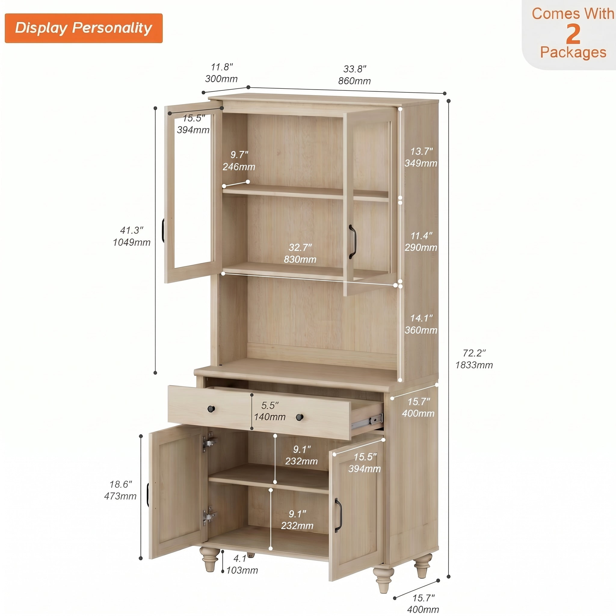 Large Farmhouse Wooden Bookcase with Storage Cabinet, Freestanding Library Bookshelf for Living Room, Office, Study Room & Kitchen, Beige