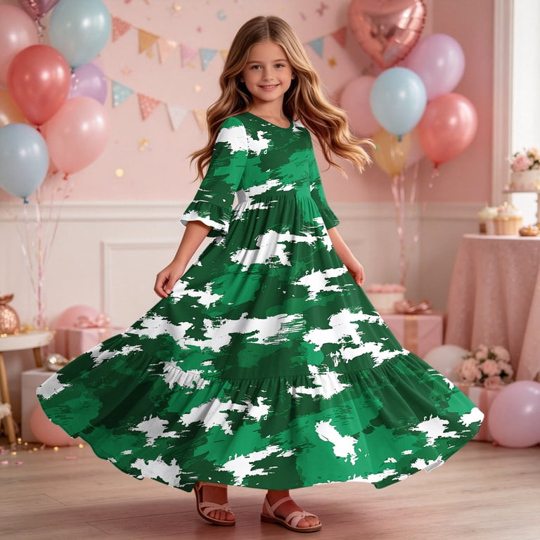 green dress 4t ATOGUTA For Girls Short Sleeve Floral Print Loose Casual Long Maxi Dress with Pockets Size 4T-14, festive collection
