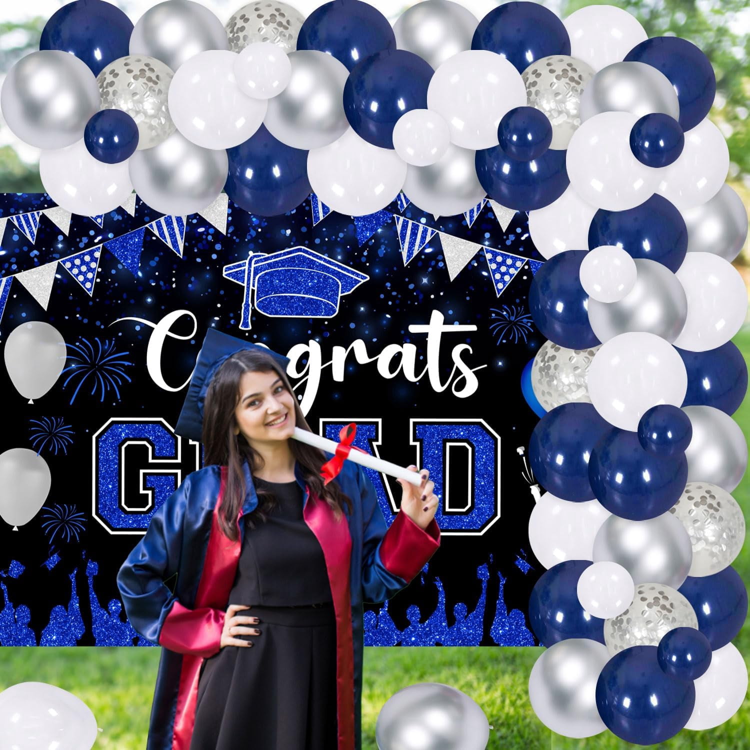 73Pcs Congrats Grad Decorations 2024, Navy Blue and Silver Graduation Decor with Congrats Grad Backdrop Navy Blue Silver Balloon Garland Arch Kit for Class of 2024 Grad Prom Graduation Supplies