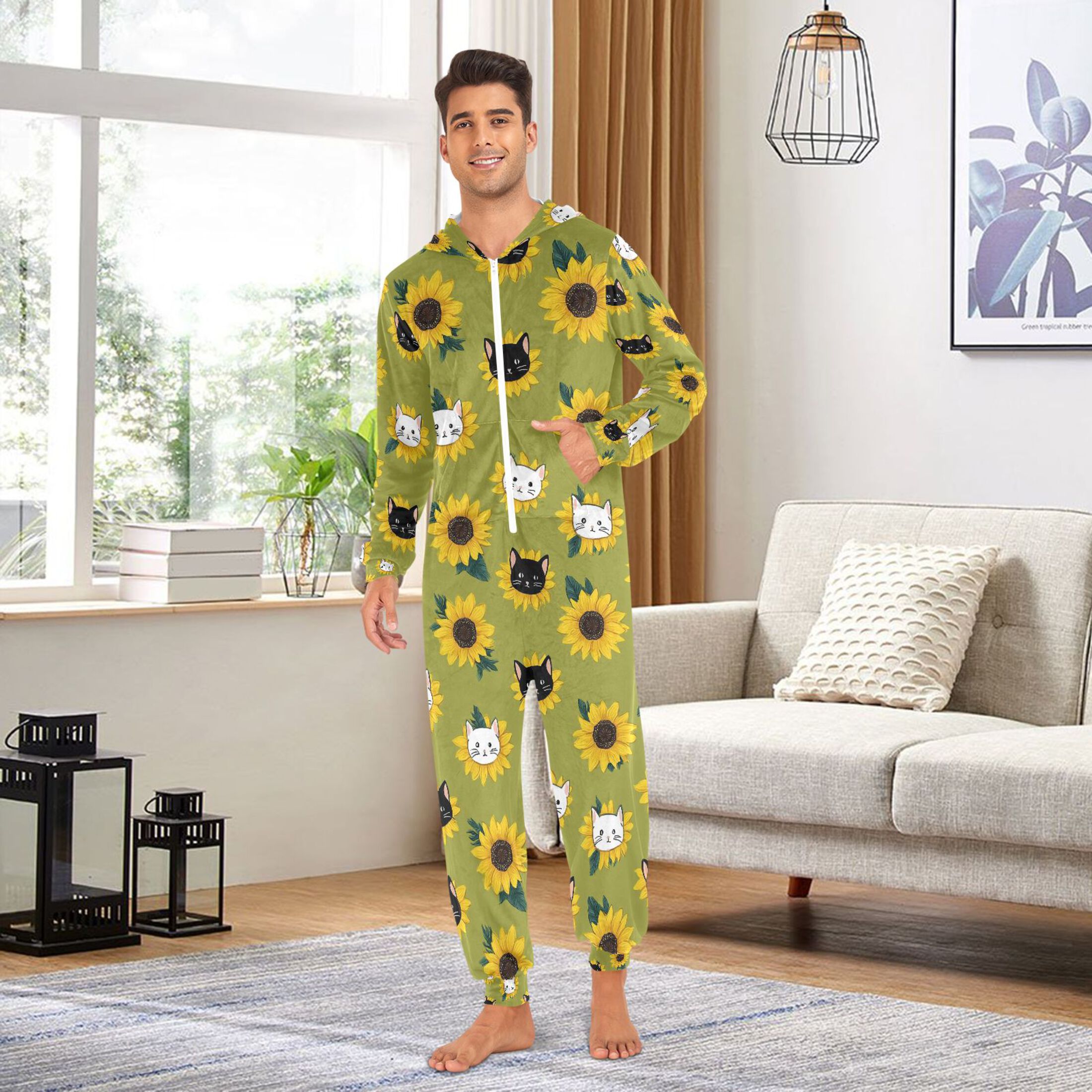 Adult Christmas Onesie Sunflower Flower Black White Cat Adult Zipper One-Piece Pajamas Unisex Pajamas with Pockets