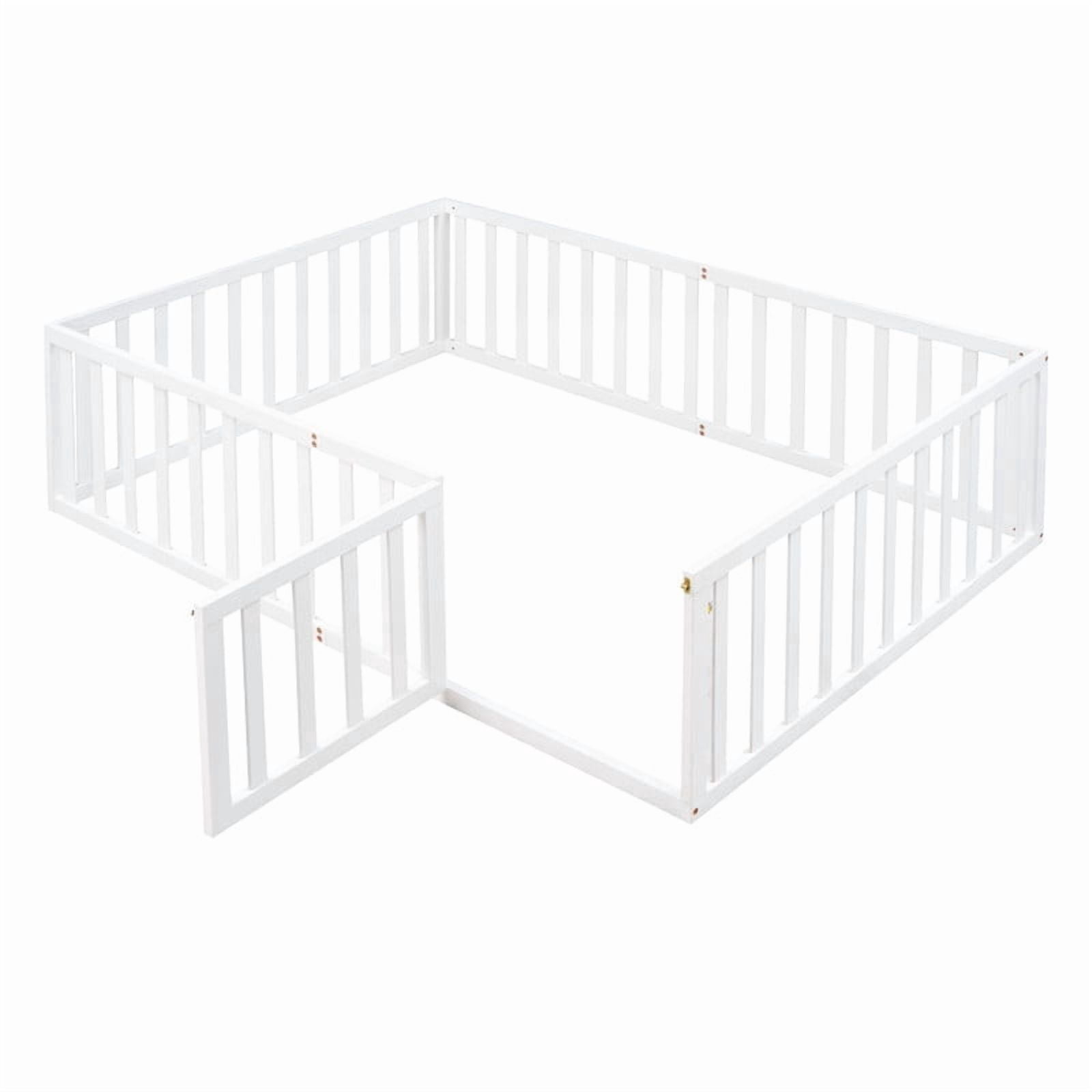 Full Size Floor Bed Platform Bed with Fence and Door, Wooden Montessori Bed Toddler Bed Kids Playhouse Bed with Guardrails for Boys Girls, No Slats