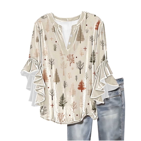 qucoqpe Womens Velvet Tops Dressy Casual Blouses Ruffle 3/4 Sleeve V Neck Button Shirts Fashion Floral Print Tunic Tops Boho Tops for Women