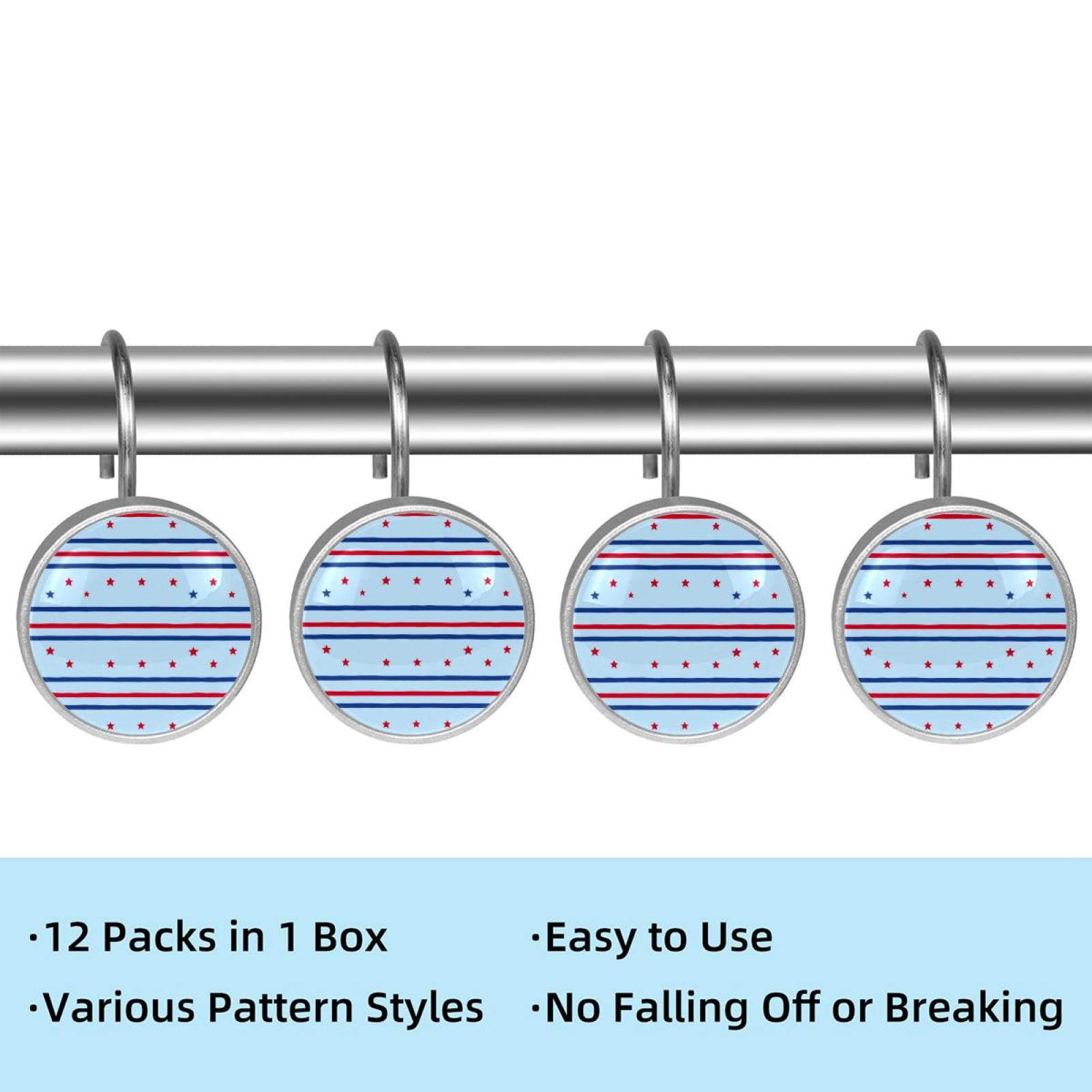 12pcs Decorative Shower Curtain Hooks, Rust Resistant Shower Rings for Bathroom Living Room,Rustproof Stainless Steel Rings for Shower Curtain and Liner Rods,4th of July Stars Line