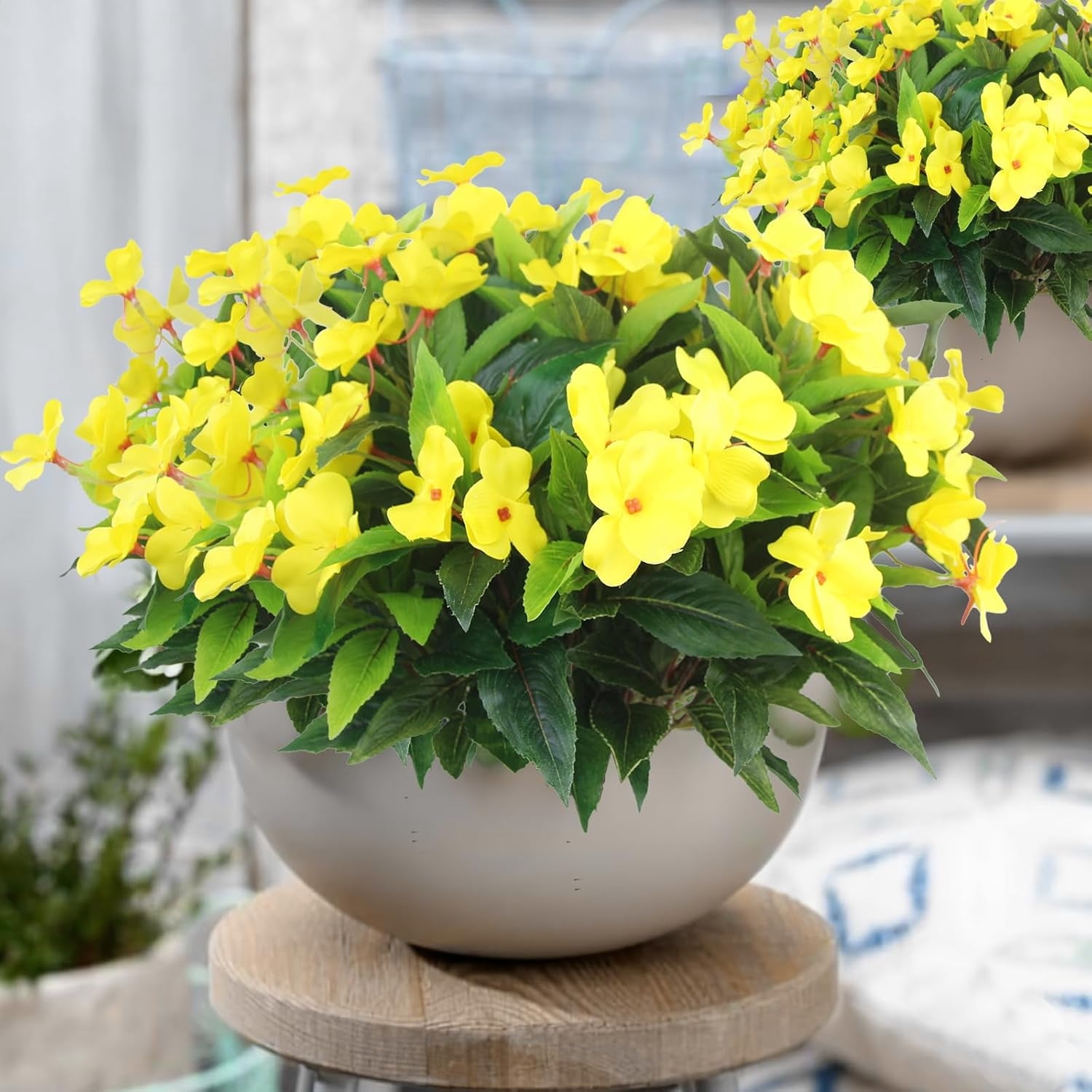 Topboutique Artificial Impatiens Flowers for Outdoors 4 Pcs 7 Branches Silk Flowers Greenery Bouquet Faux Yellow Flowers Plants Fake Plant for Planter Front Door Porch Patio Table Indoor Decor