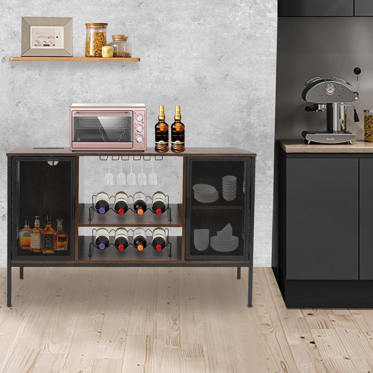 Wine Bar Cabinet with Built-in Outlets, Industrial Bar Cabinets for Liquor and Glasses, Farmhouse Mini Coffee Bar Liquor Cabinet Bar for Home with Removable Wine Racks, Brown