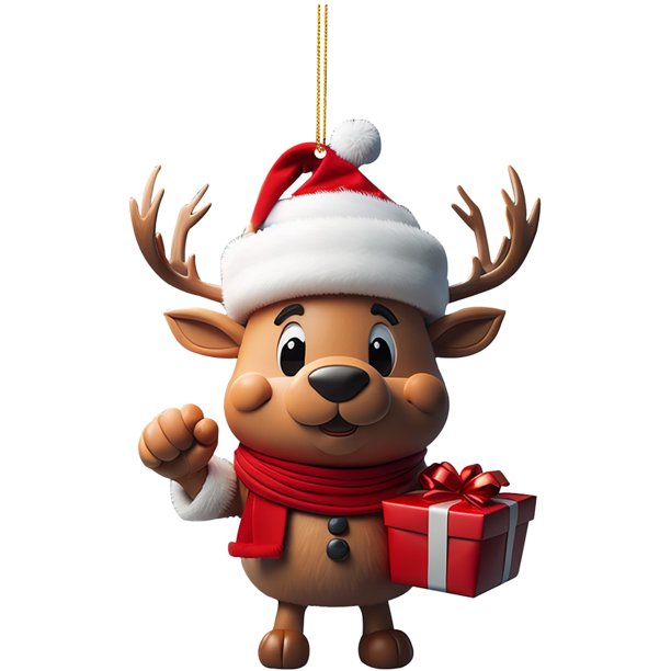 Decoración De Alces De Dibujos Animados Alce de dibujos animados de acrílico navideño con decoración de sombrero de Navidad, decoraciones colgantes para árbol (10)