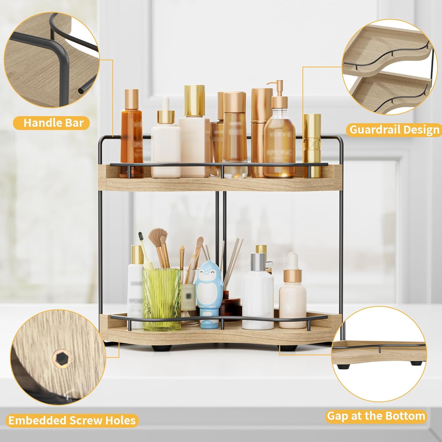 JDNRXO 2-Tier Corner Bathroom Counter Organizer with Embedded Screw Holes, Secure & Stable Wood Vanity Shelf for Makeup and Skincare Essentials - Space Saving Bathroom Organization  Storage