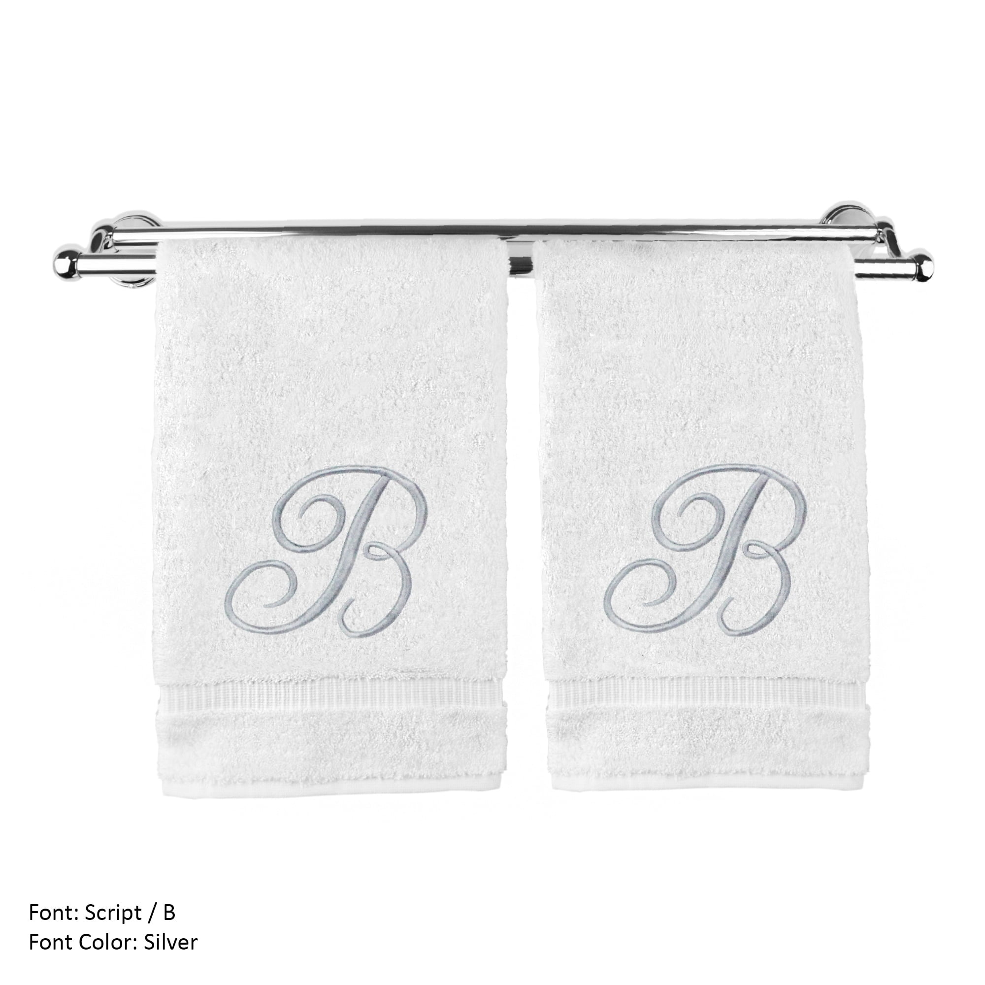 Monogrammed Hand Towel, Personalized Gift, 16 x 30 Inches - Set of 2 - Silver Embroidered Towel - Extra Absorbent 100% Turkish Cotton- Soft Terry Finish - For Bathroom, Kitchen and Spa- Script B White