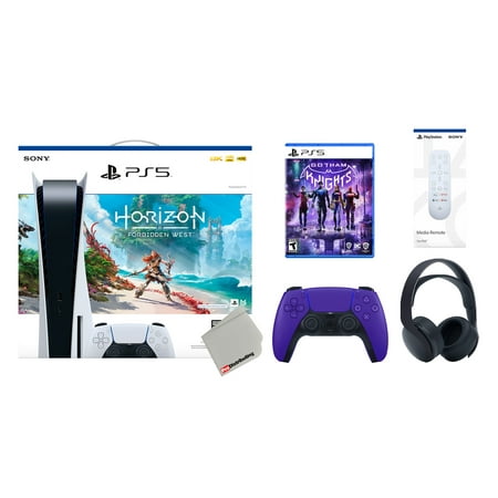 Sony Playstation 5 Disc Horizon Forbidden West Bundle with Extra Galactic Purple Controller, Black PULSE 3D Headset, Gotham Knights and Remote