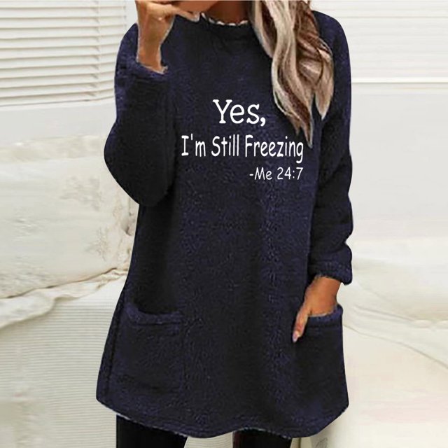 DPTALR Blouse à Manches Longues pour Femmes, Col Rond, Ample, Imprimée, avec Poche, Chaude, pour l'Hiver