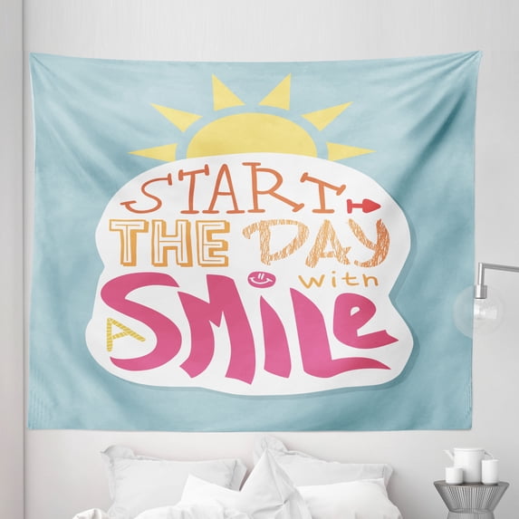 Positive Energy Tapestry, Design of Start the Day with a Smile Words and Sun, Fabric Wall Hanging Decor for Bedroom Living Room Dorm, 5 Sizes, Multicolor, by Ambesonne