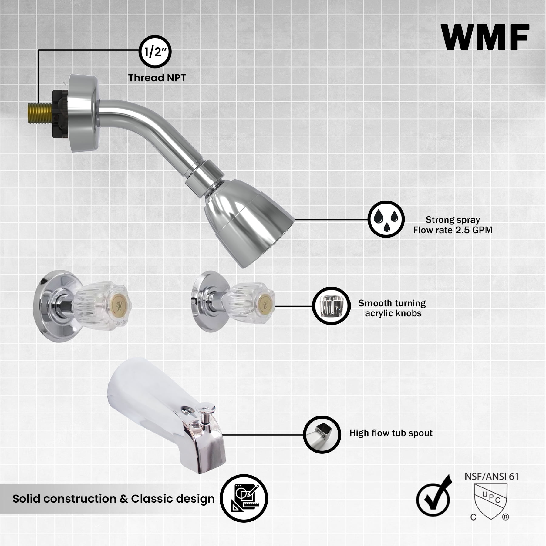 WMF Metal Silver 2 Handle Tub and Shower Faucet