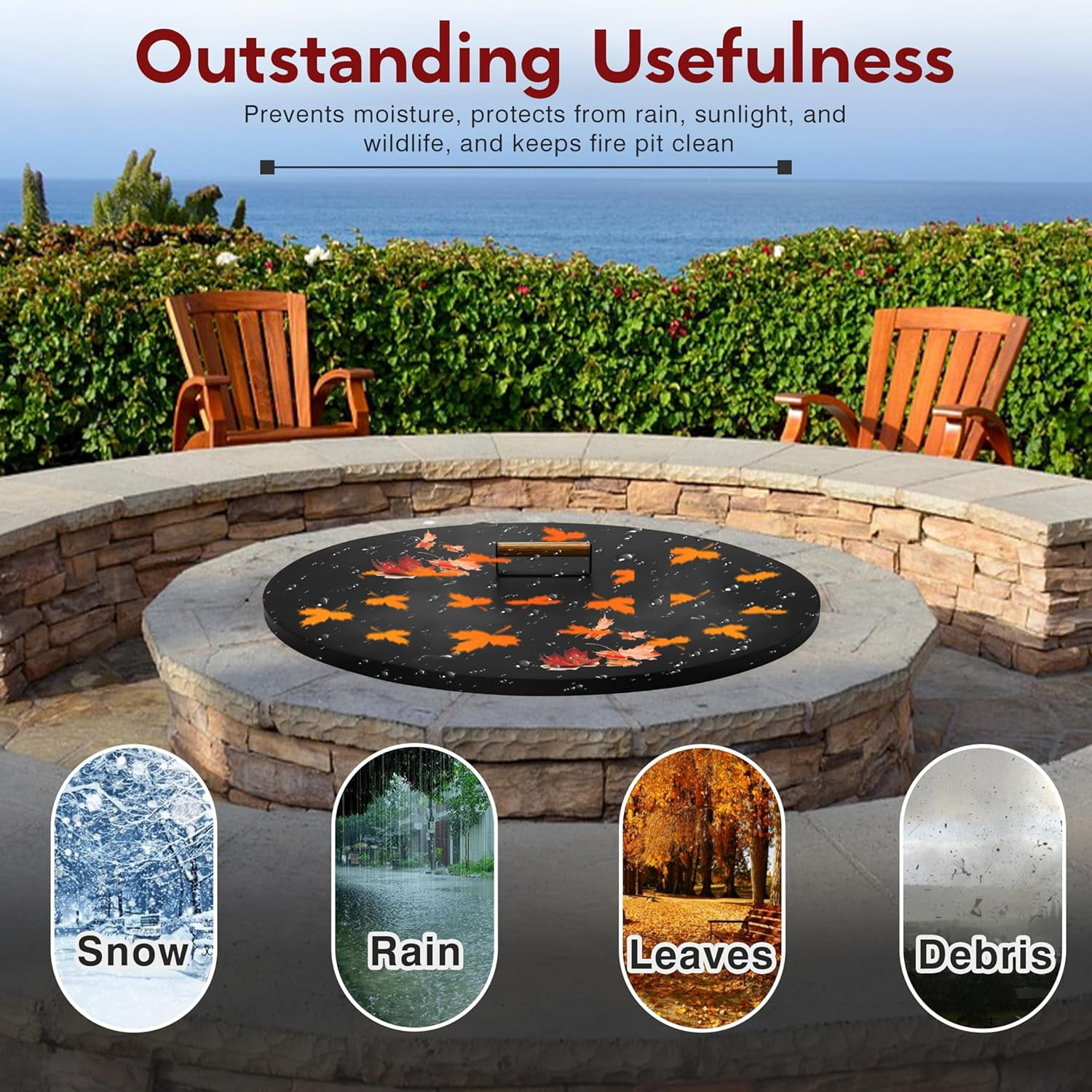 Firepit Snuffer Lid - Carbon Steel 31 Inch Fire Pit Lid with Powder Coating & Ergonomic Wooden Handle - Fit for Fire Pit Size up to 29 Inch - Reliable Use as Garden Decor Fire Pit Accessories