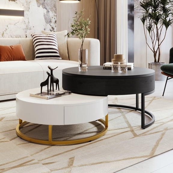 Modern Round Lift-Top Nesting Coffee Tables | White & Black MDF with Gold Metal Pedestal Base | 2 Drawers | 31.5" | Ideal for Living Room, Workspace, Small Apartments