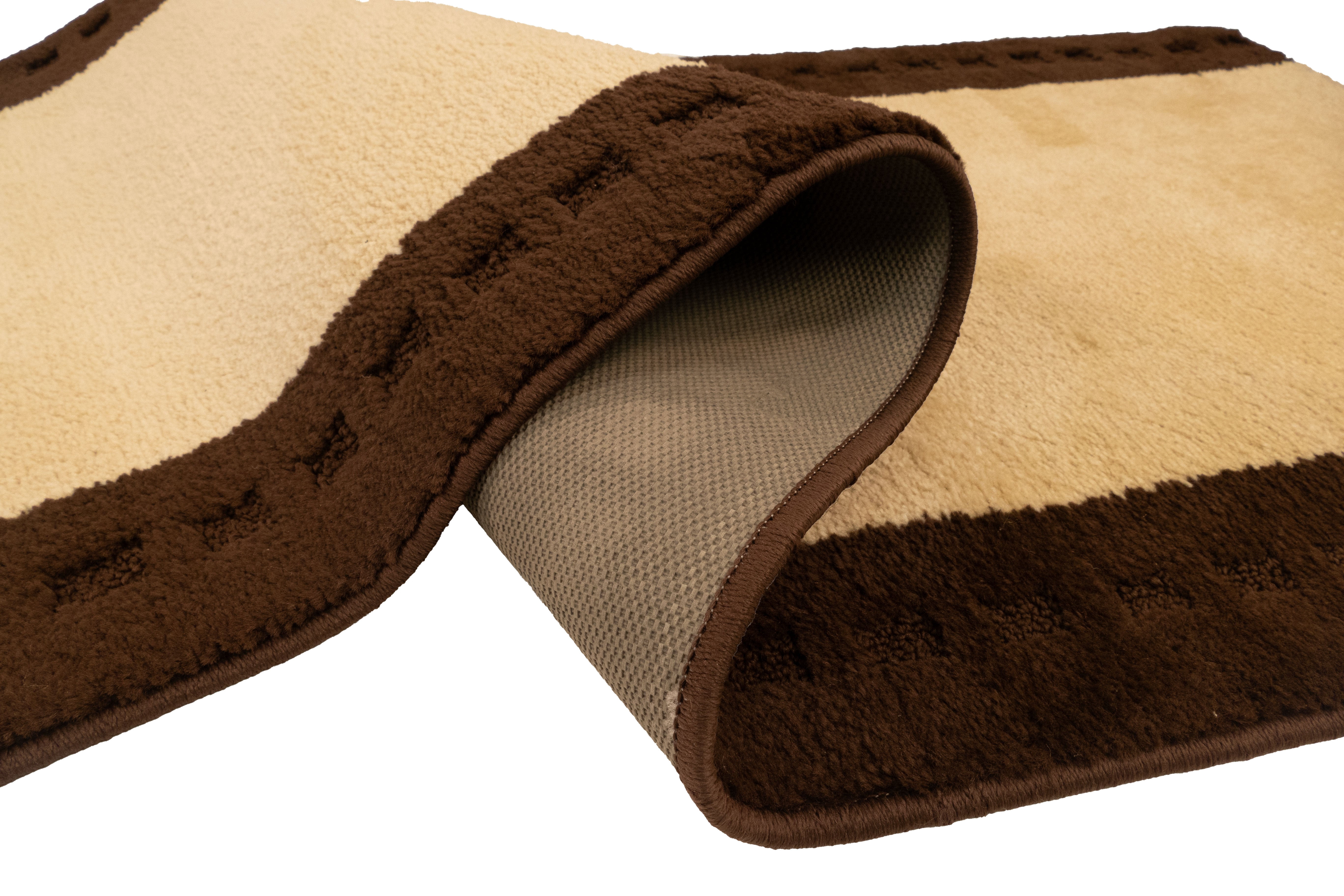 Custom Size Anti-Slip Machine Washable Medium Profile Cut Pile Cream Bordered Brown Runner Rugs ( 17' x 26")