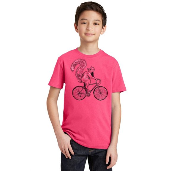P&B Squirrel Riding Bike Youth T-shirt, L, Cyber Pink