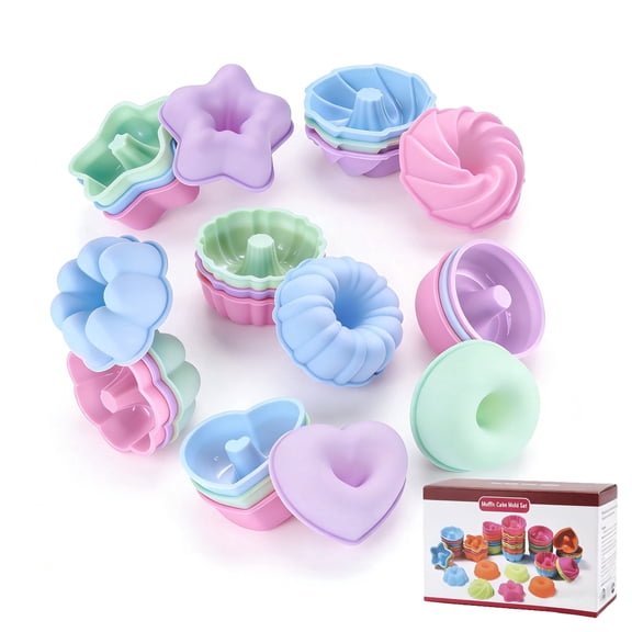 SUSWIM 24 Pack Single Silicone Donut Molds, ,color box packaging，6 Styles Silicone Molds for Baking Small Reusable Non-Stick Baking Cups for Donuts, Muffins, Cupcakes, Jellies, Bagels