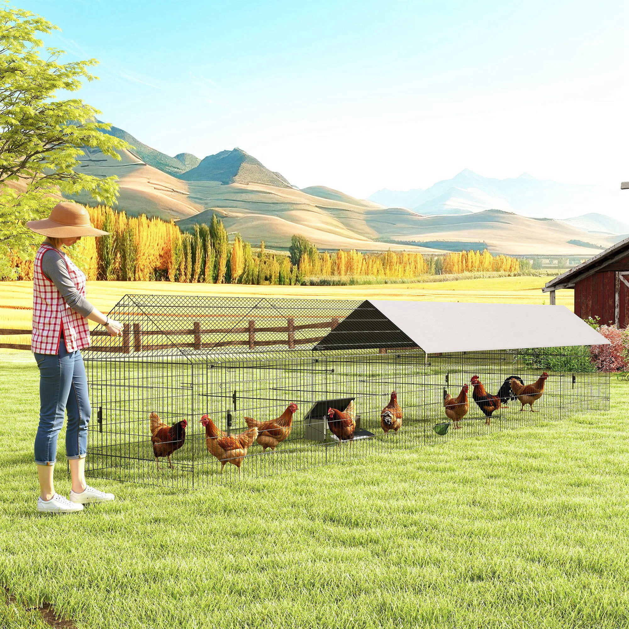PawHut Metal Chicken Coop, Large Chicken Run with Water-Resistant & Anti-UV Cover for 7-9 Hens, Outdoor Hen House Rabbit Hutch with 10 Doors