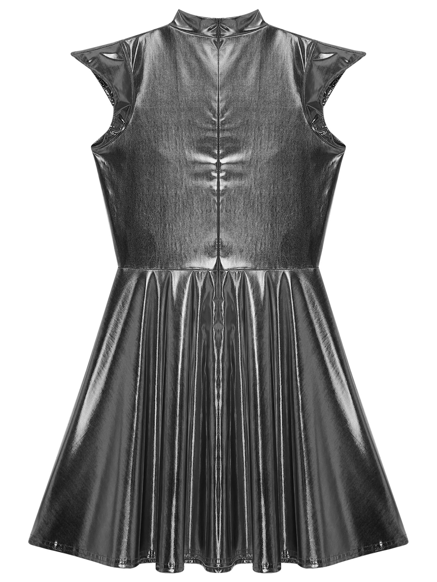 Haitryli Women's Holographic High Waist Dress Party Club Disco Pleated Dress Cosplay Outfits Wet Grey M