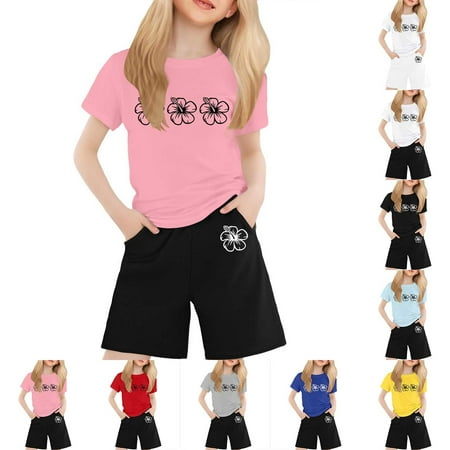 LRen Girls Outfits Size 10-12 Graphic Print Short Sleeved T Shirt Set Crewneck Cute Pullover Tops Shorts 2 Piece Outfits Back To School Clothes