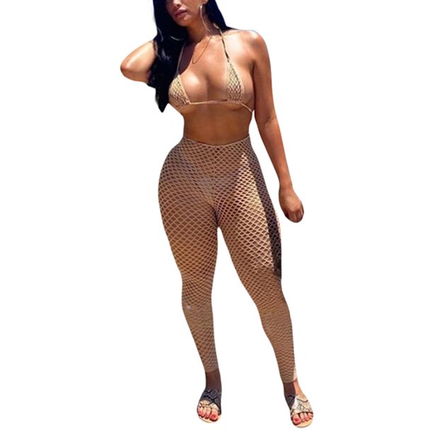 Listenwind Listenwind Women Hollow Out Mesh Fishnet See Through Outfits Set Halter Neck Triangle Bra Top Long Pant Cover Ups Clubwear Walmart Com Walmart Com