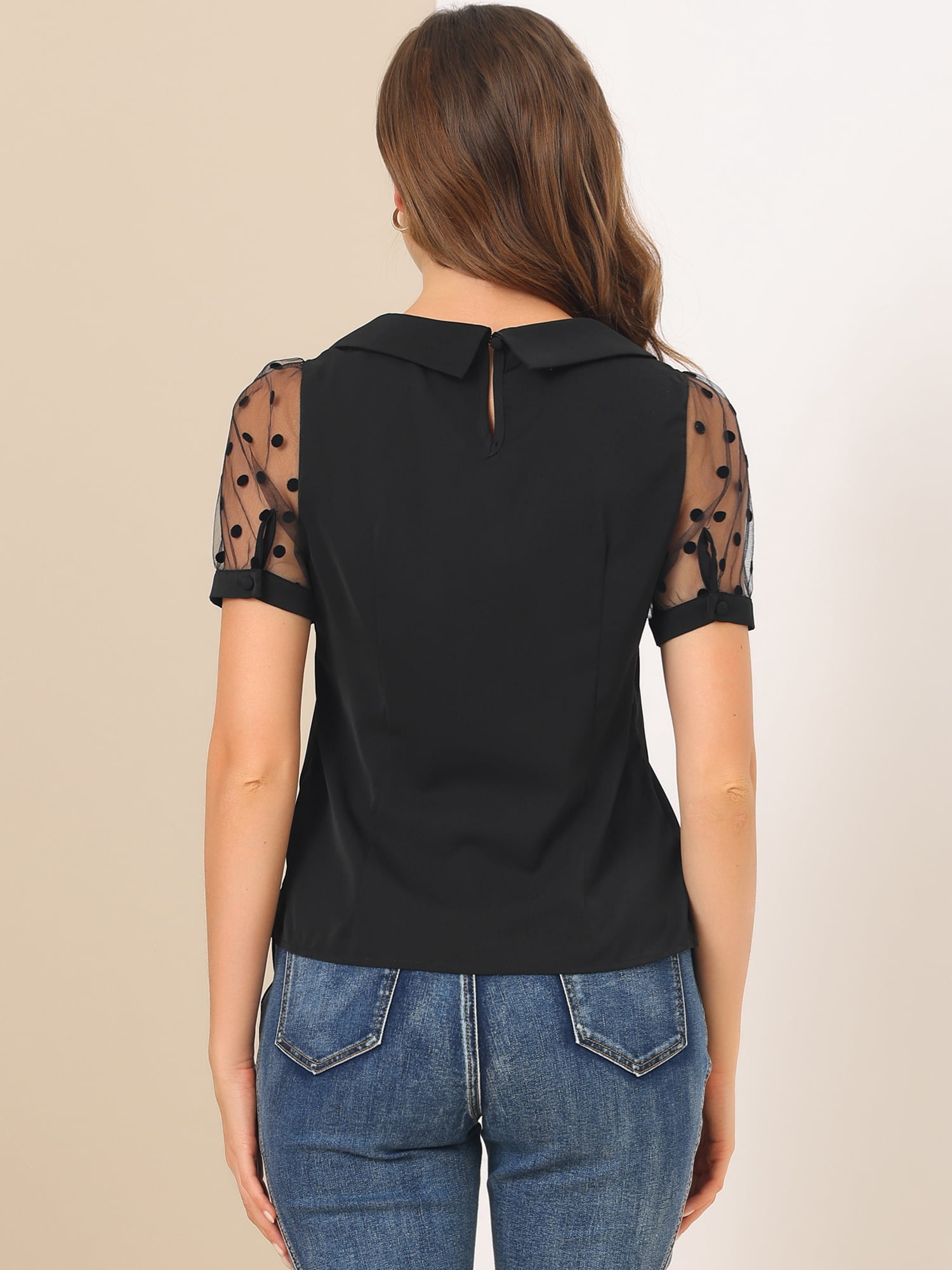 DARING DIVA Women's Polka Dots Mesh Peter Pan Collar Blouse L Black