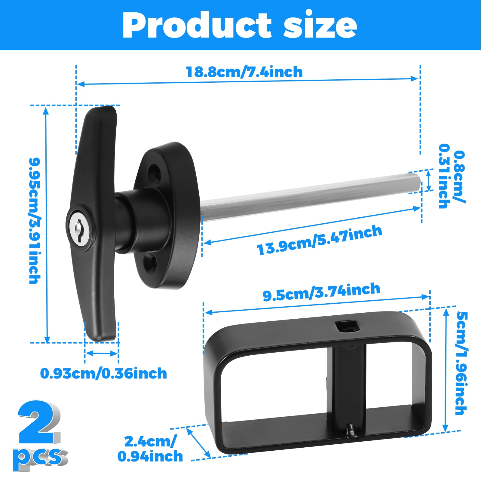 2Pcs Shed Door Latch T Handle Lock Kit with 4 Keys and 4 Screws 5-1/2inch Stem Shed Door Handle Lock Zinc Alloy Shed Door Hardware Easy to Install for Shed Gate Barn Playhouse