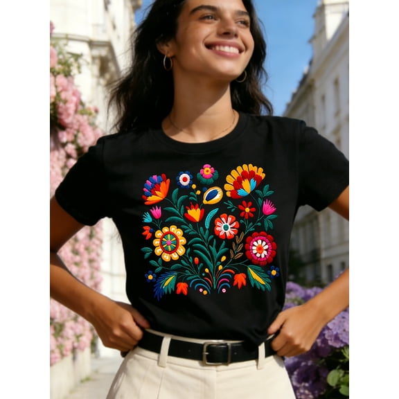 Women's Mexican Folk Art Floral Graphic T‑Shirt, Vibrant Fiesta Flower Embroidery‑Style Print Crew Neck Short Sleeve Casual Summer Tee