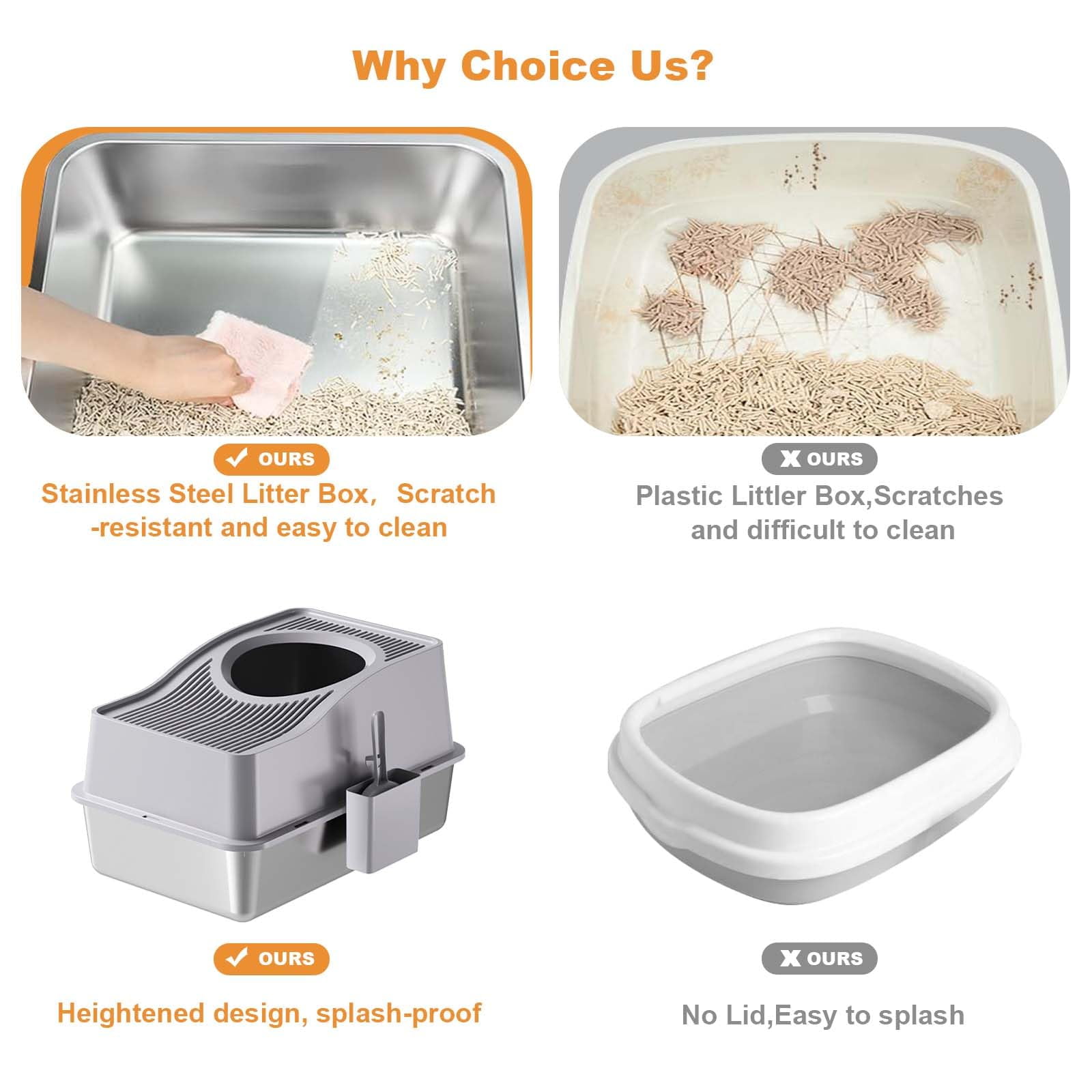 Garvee Enclosed Top-Entry Cat Litter Box with Stainless Steel Cover and High Sides, 60x40x34.5cm with Accessories and 15cm Grey Base