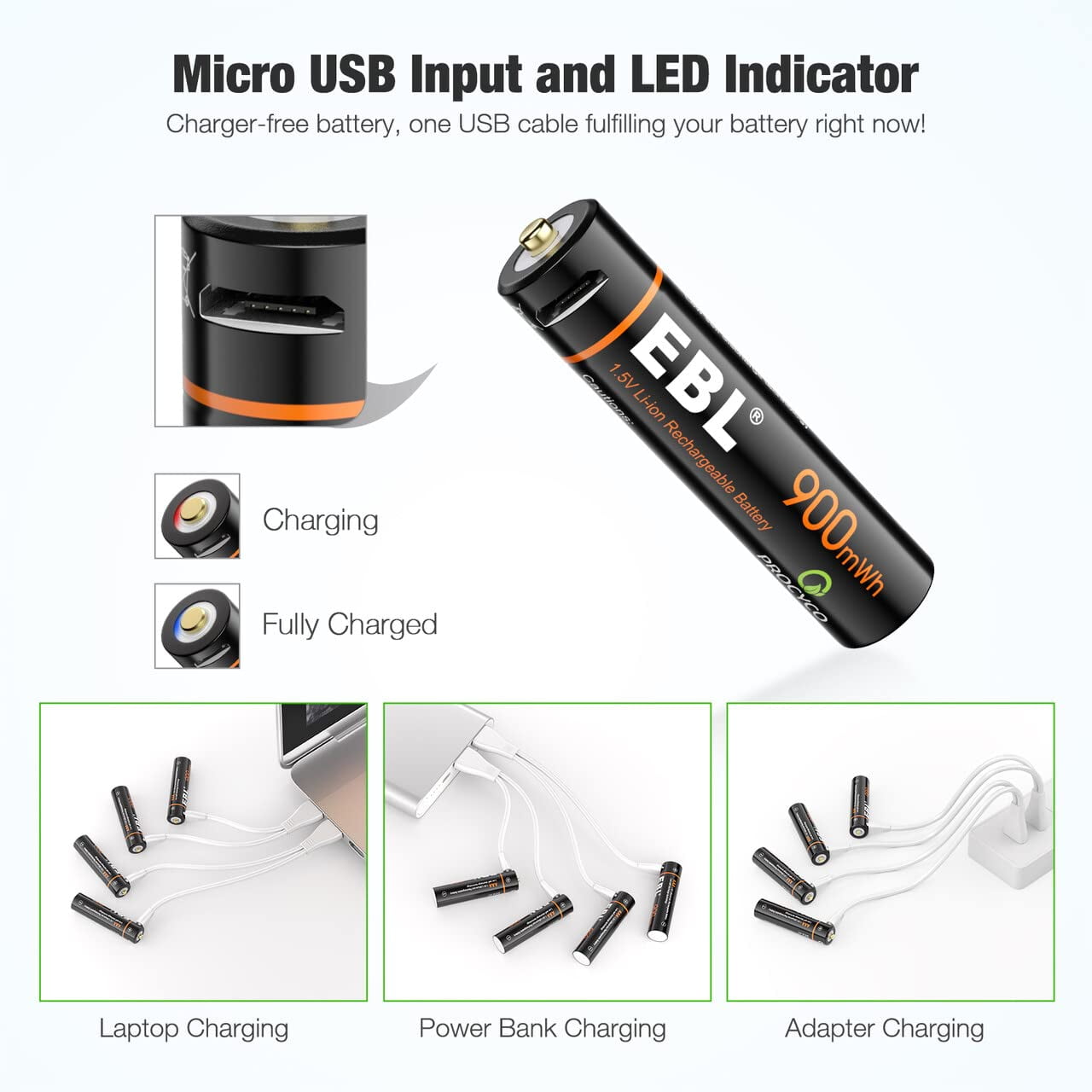 EBL 16 Pack USB Rechargeable AAA Lithium-Ion Batteries 1.5V AAA Battery 900mWh with 2 in 1 Charging Cable