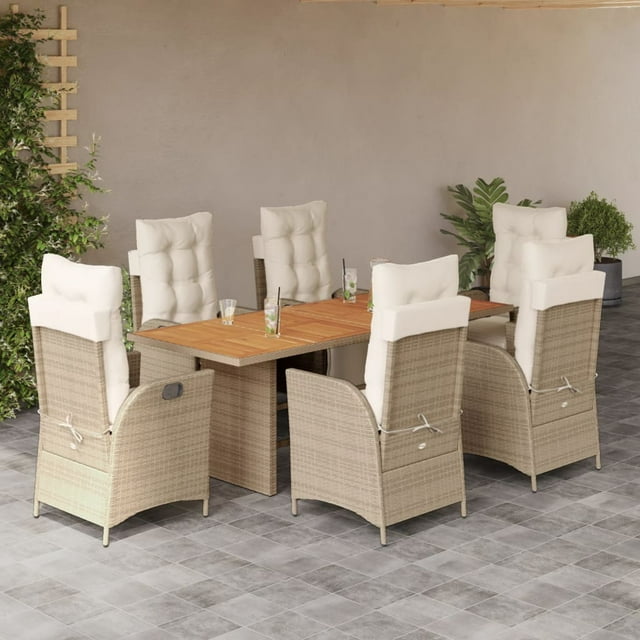 vidaXL 7 Piece Garden Dining Set with Cushions Beige Poly Rattan