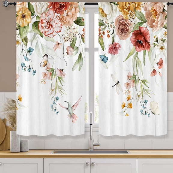 Watercolor Floral Blossom Kitchen Curtains Rod Pocket Rustic Flower Plant Colorful Farmhouse Small Short Cafe Tier Curtain Spring Wildflower Window Drapes Treatment(27.5W X 39L Inch 2 Panel)