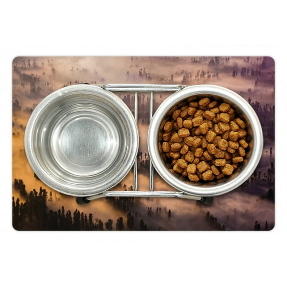 Mystic Pet Mat for Food and Water, Sunrise over a Foggy Mystic Forest Summer Morning Time Wildlife Scenic Picture, Non-Slip Rubber Mat for Dogs and Cats, 18" X 12", by Ambesonne