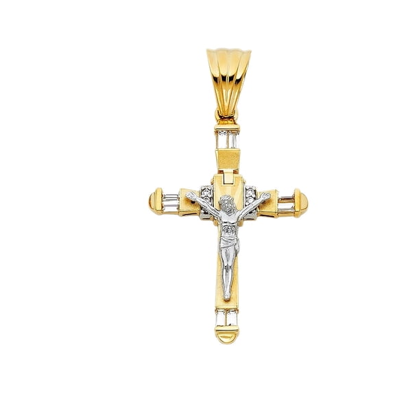 14K Two Tone Gold Cubic Zirconia Religious Crucifix Charm Pendant for Necklace Chain | Jewelry Gift for Men Women | 45 x 32 MM | 6.8 grams