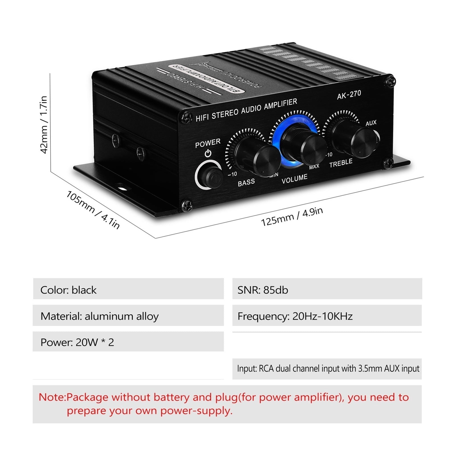 Mini Channel Stereo Power Amplifier Portable Sound Amplifier AUX Input Speaker Amp for Car and Home ,Bass & Treble Control