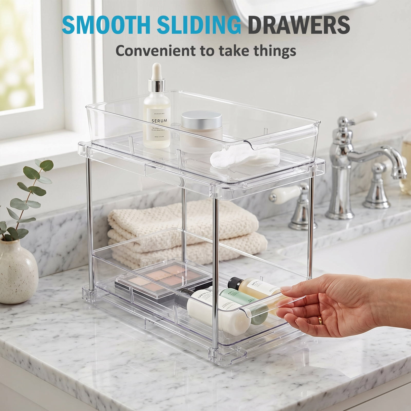 Bathroom Organizer, 4 Pack 2-Tier Clear Storage Container with Sliding Track, Under Sink & Countertop Organizer for Cabinet Drawers, Kitchen Pantry Organization