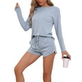 thumbnail image 4 of Conjunto de pijamas para mujeres INSPIRE CHIC de manga larga, con cintura elástica, parte superior y pantalones cortos, conjunto de ropa de casa con bolsillos, azul L, 4 of 6