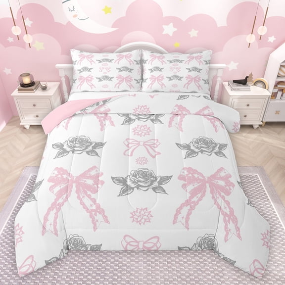 jejeloiu Retro Bow Ribbon Bedding Comforter Set,Cartoon Flowers Pattern Twin Comforter Sets,White Pink Gray Bedding Set For Girl,Microfiber Bedroom Decor Reversible,2 Pieces
